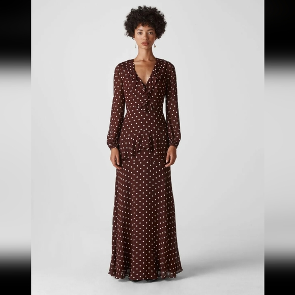 Whistles Desiree Spot Frill Maxi Dress 8 M Burgundy Long Polka Dot Fall - Picture 1 of 9